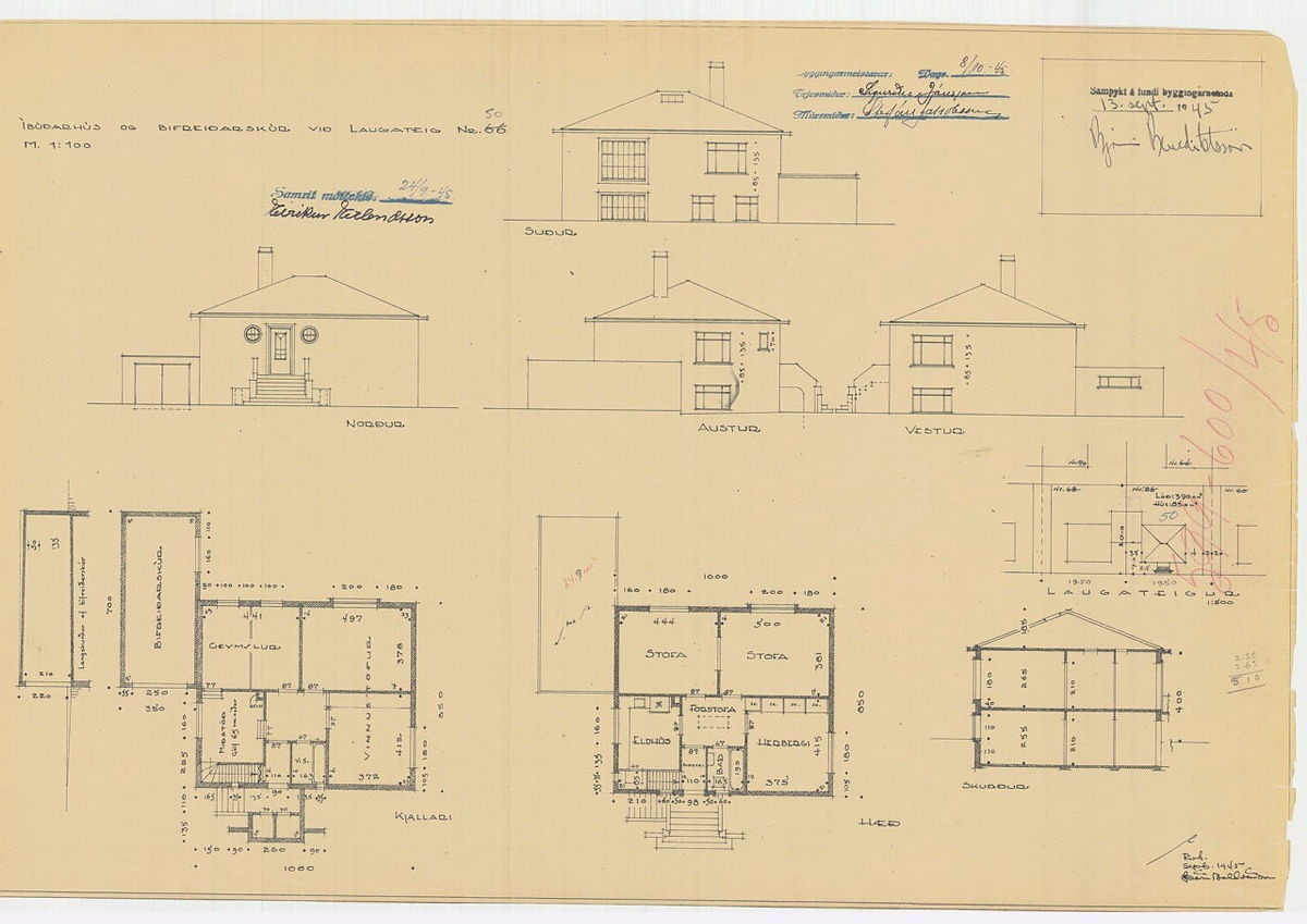 Íbúðarhús og bifreiðarskúr við Laugateig, 1945