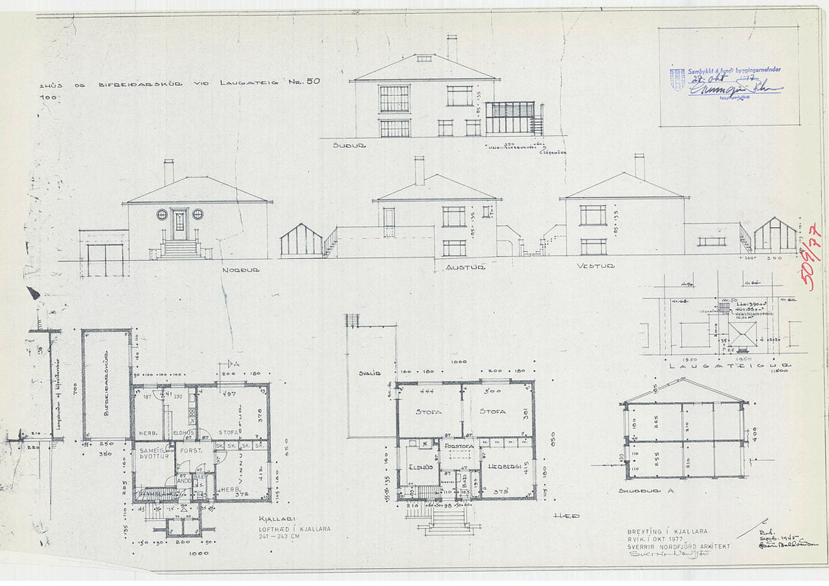 Laugateigur 50 fyrir breytingu · Breyting í kjallara, 1977